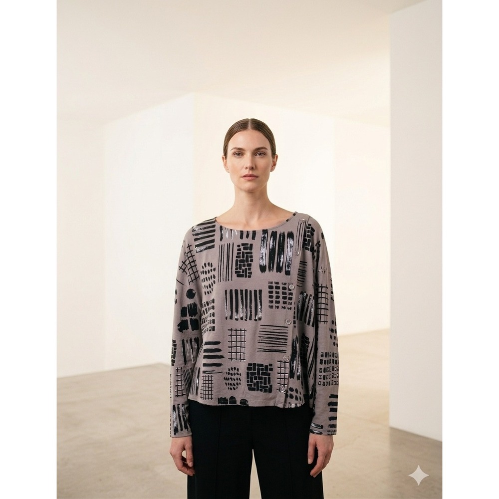 Chalet Women Vintage Abstract Print Asymmetric Button Long Sleeve Top Size M